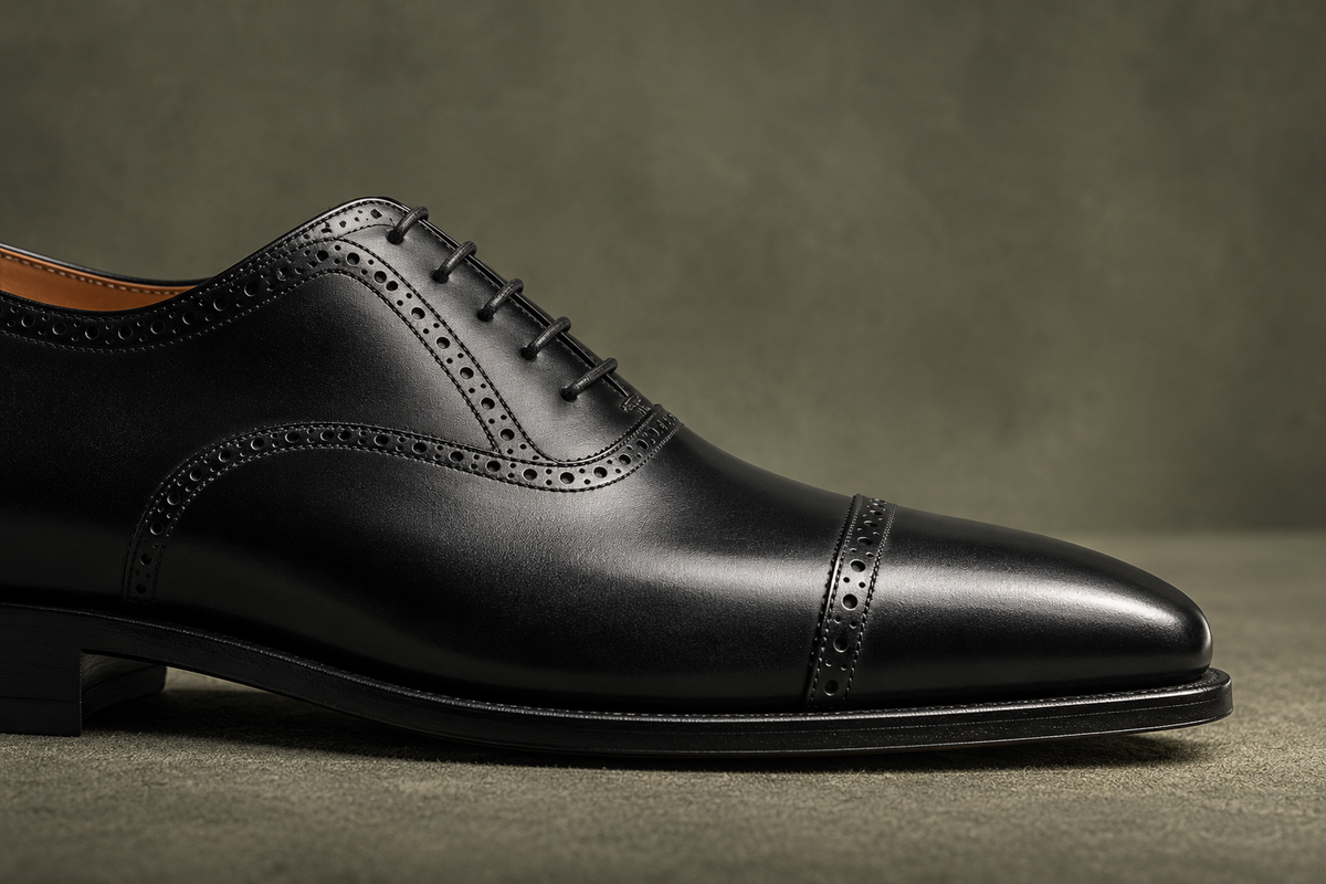 Black semi-brogue Oxford in profile on olive surface — toe, vamp, and welt in quiet proportion